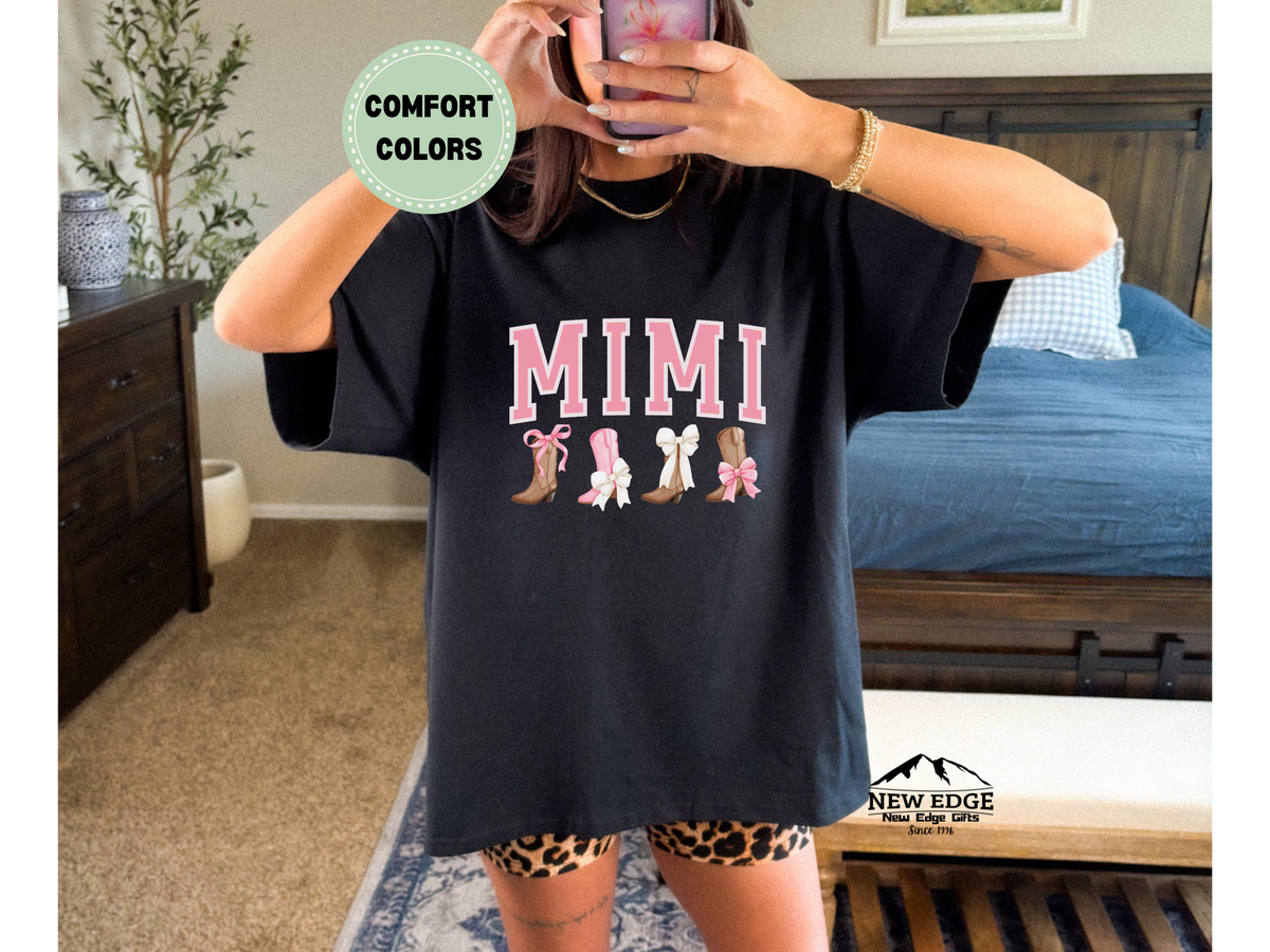 Comfort Colors MIMI T-Shirt – Western Boots & Bows Graphic Tee, Cowgirl Style Grandma Shirt