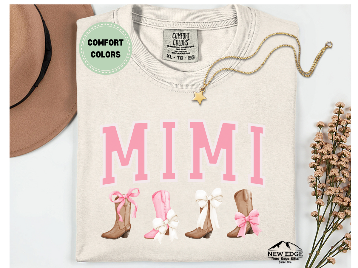 Comfort Colors MIMI T-Shirt – Western Boots & Bows Graphic Tee, Cowgirl Style Grandma Shirt