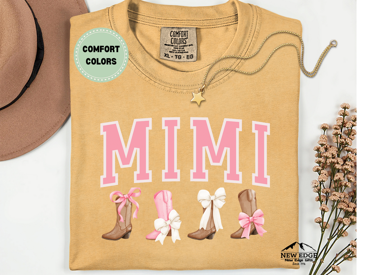 Comfort Colors MIMI T-Shirt – Western Boots & Bows Graphic Tee, Cowgirl Style Grandma Shirt