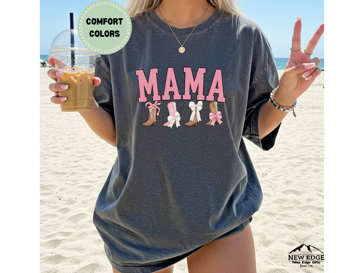 Comfort Colors MAMA Boots and Bows T-Shirt – Western Cowgirl Mom Graphic Tee, Cute Mama Shirt