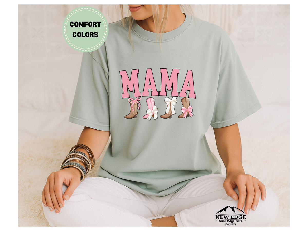 Comfort Colors MAMA Boots and Bows T-Shirt – Western Cowgirl Mom Graphic Tee, Cute Mama Shirt