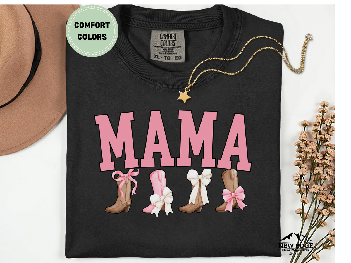 Comfort Colors MAMA Boots and Bows T-Shirt – Western Cowgirl Mom Graphic Tee, Cute Mama Shirt
