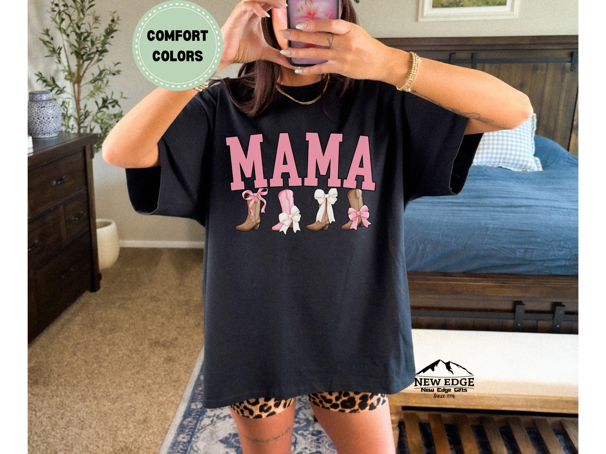 Comfort Colors MAMA Boots and Bows T-Shirt – Western Cowgirl Mom Graphic Tee, Cute Mama Shirt