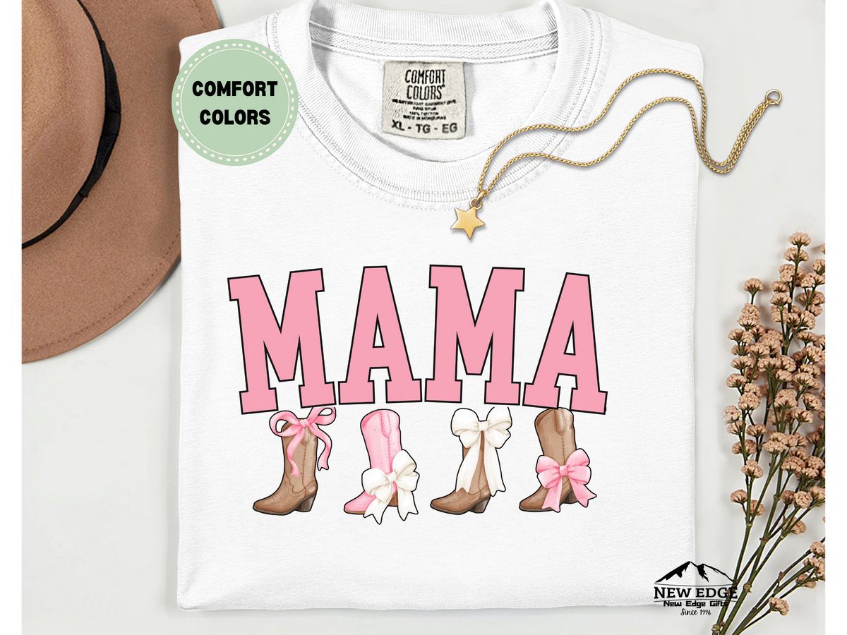 Comfort Colors MAMA Boots and Bows T-Shirt – Western Cowgirl Mom Graphic Tee, Cute Mama Shirt