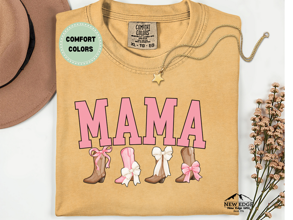 Comfort Colors MAMA Boots and Bows T-Shirt – Western Cowgirl Mom Graphic Tee, Cute Mama Shirt