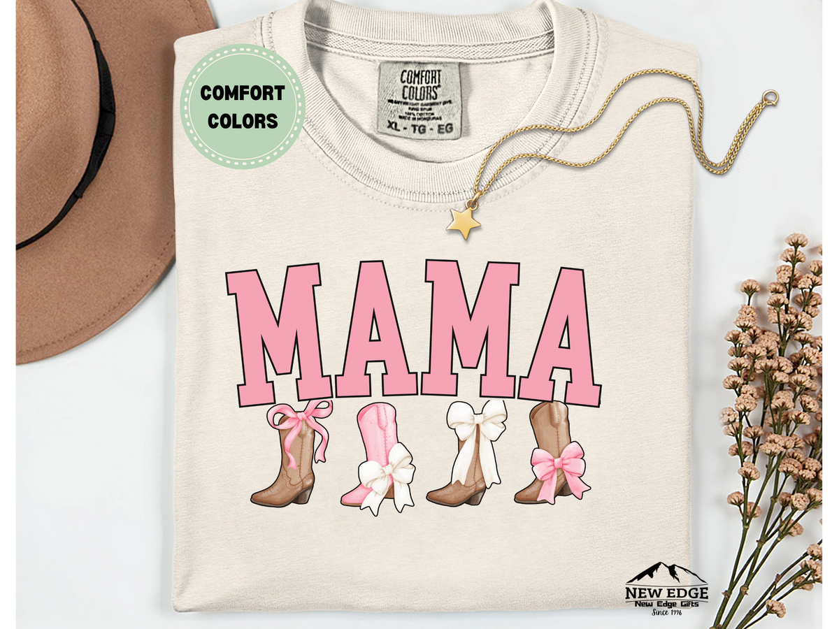 Comfort Colors MAMA Boots and Bows T-Shirt – Western Cowgirl Mom Graphic Tee, Cute Mama Shirt