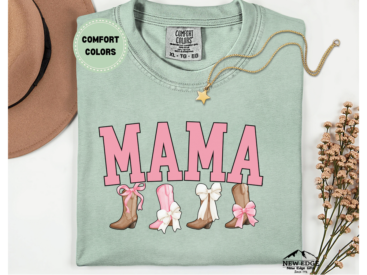 Comfort Colors MAMA Boots and Bows T-Shirt – Western Cowgirl Mom Graphic Tee, Cute Mama Shirt