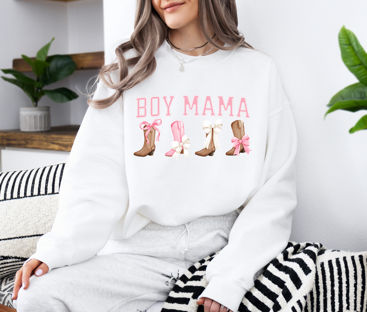 Boy Mama Sweatshirt with Boots and Bows | Cozy Mom Life Crewneck | Cute Country Style Pullover