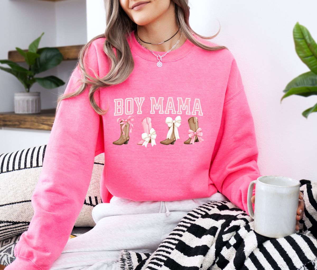 Boy Mama Sweatshirt with Boots and Bows | Cozy Mom Life Crewneck | Cute Country Style Pullover