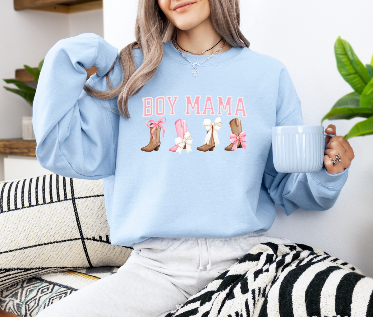 Boy Mama Sweatshirt with Boots and Bows | Cozy Mom Life Crewneck | Cute Country Style Pullover