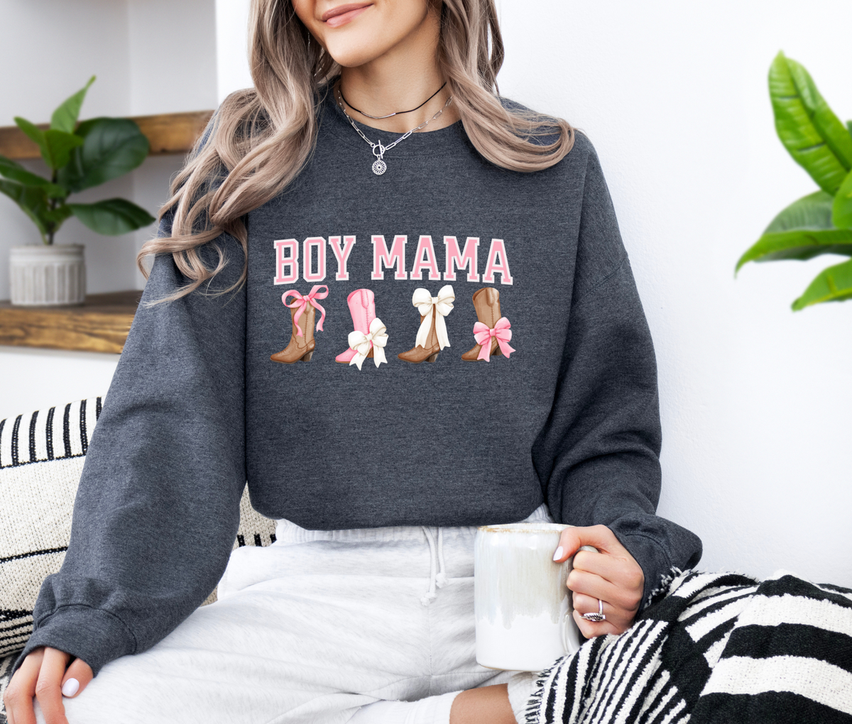 Boy Mama Sweatshirt with Boots and Bows | Cozy Mom Life Crewneck | Cute Country Style Pullover