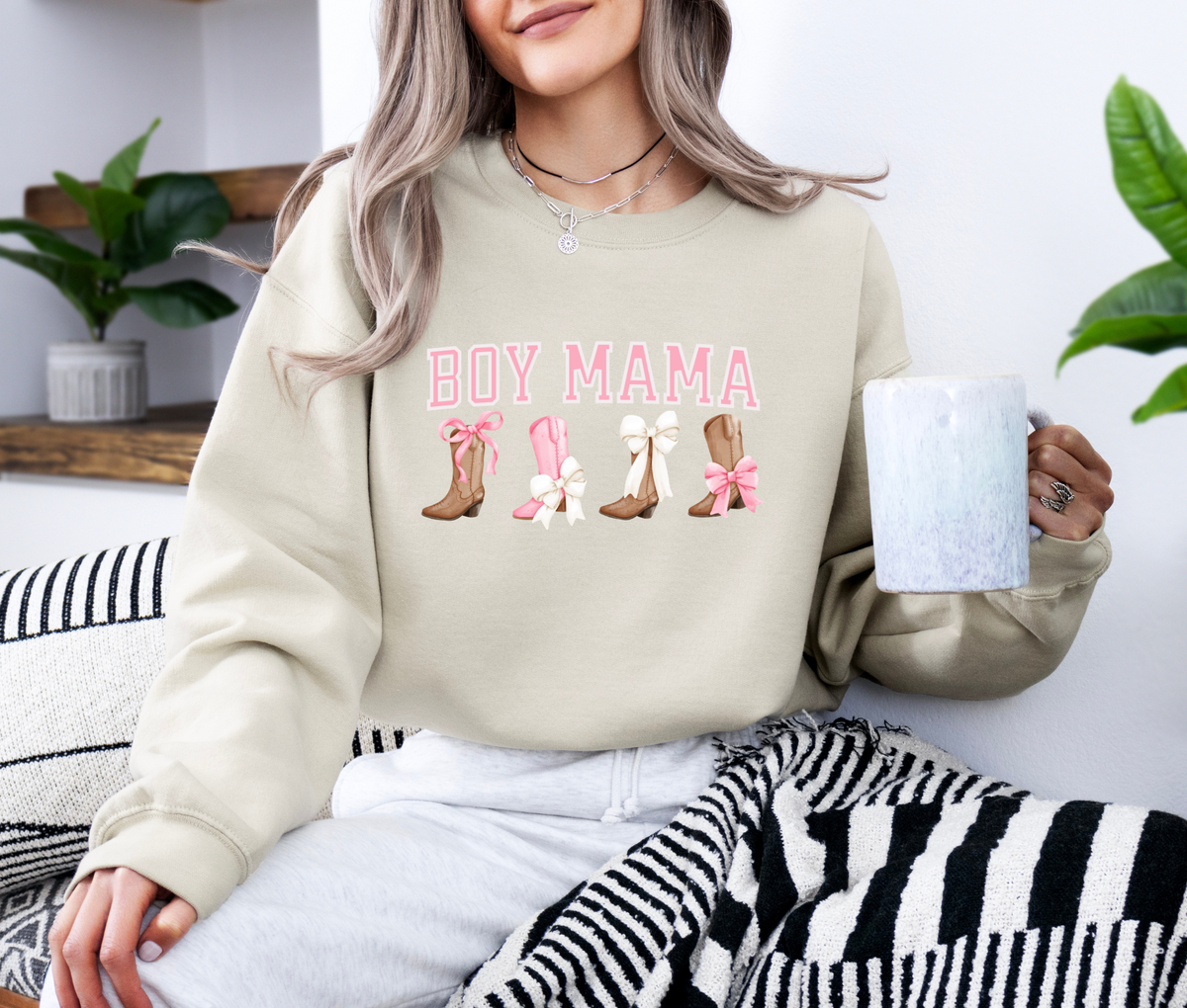 Boy Mama Sweatshirt with Boots and Bows | Cozy Mom Life Crewneck | Cute Country Style Pullover