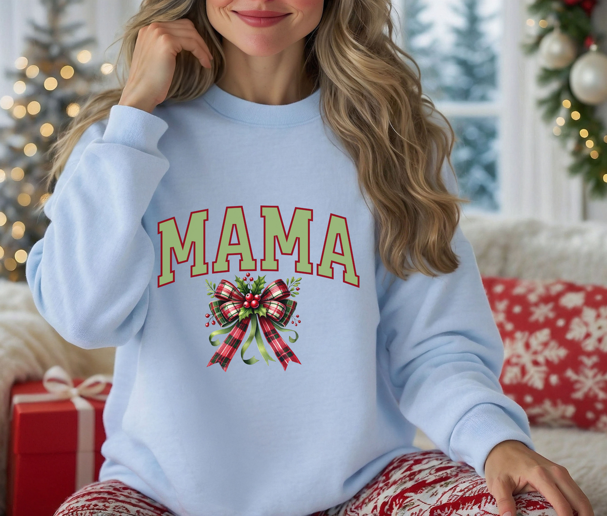 Mama Christmas Sweatshirt with Bow | Festive Holiday Crewneck for Moms | Cozy Seasonal Pullover