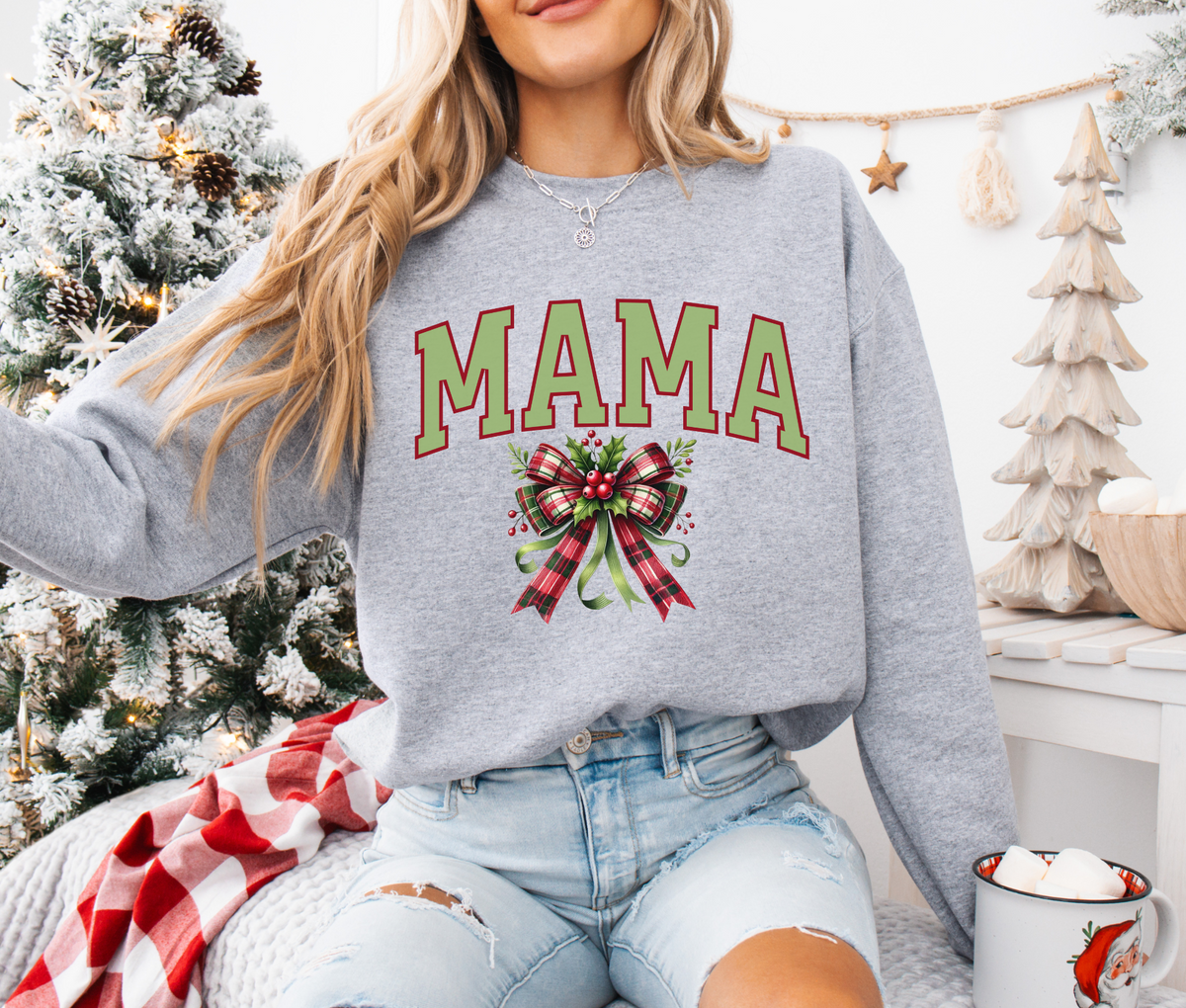 Mama Christmas Sweatshirt with Bow | Festive Holiday Crewneck for Moms | Cozy Seasonal Pullover