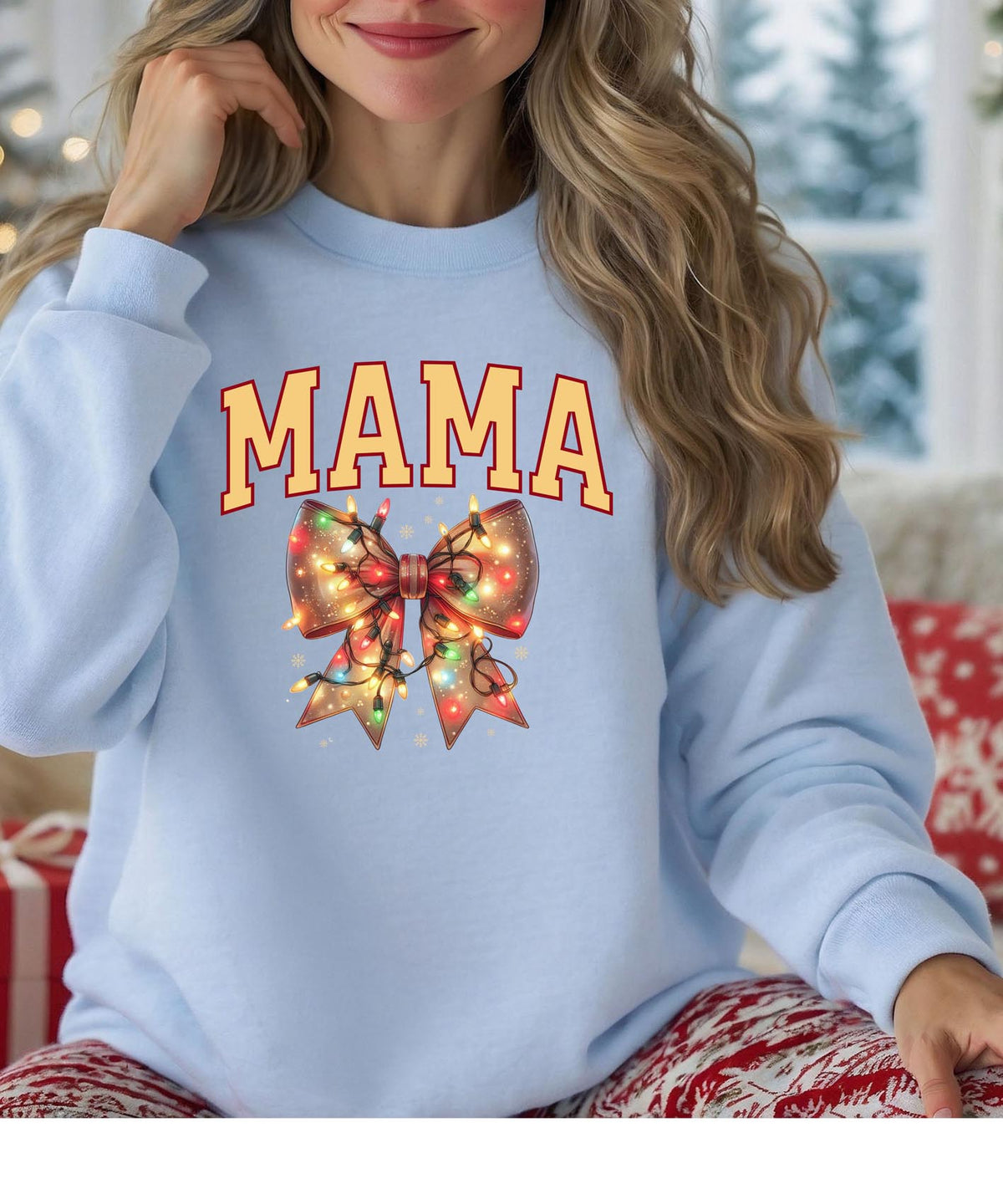 Mama Christmas Sweatshirt with Bow and Lights | Festive Holiday Crewneck | Cozy Seasonal Pullover