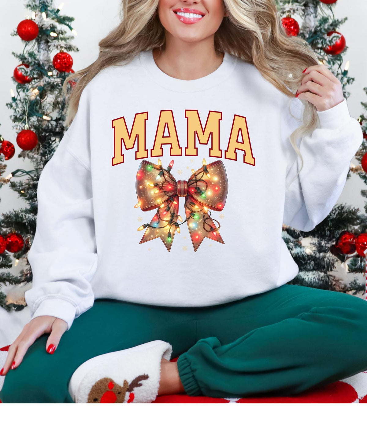 Mama Christmas Sweatshirt with Bow and Lights | Festive Holiday Crewneck | Cozy Seasonal Pullover