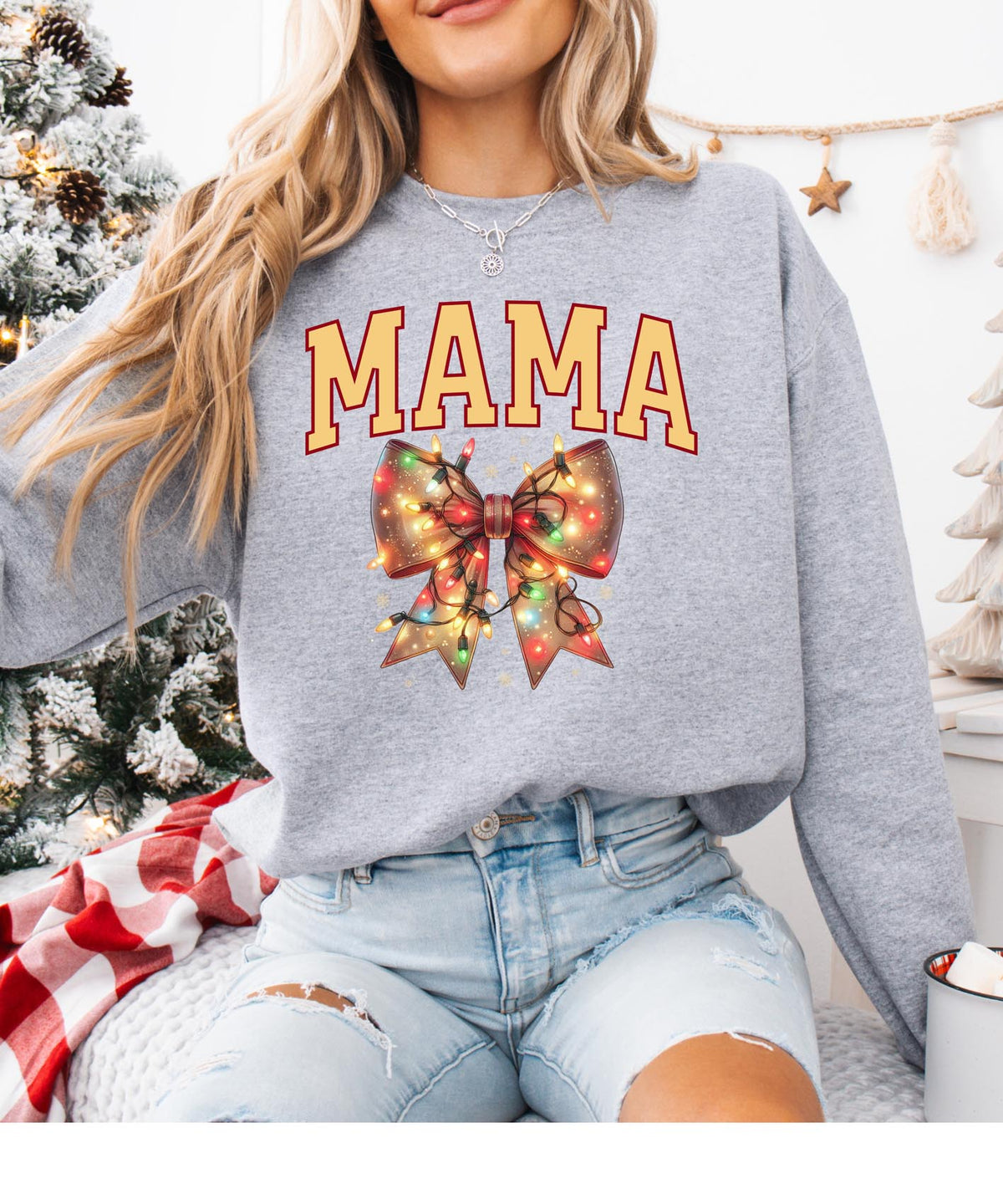 Mama Christmas Sweatshirt with Bow and Lights | Festive Holiday Crewneck | Cozy Seasonal Pullover