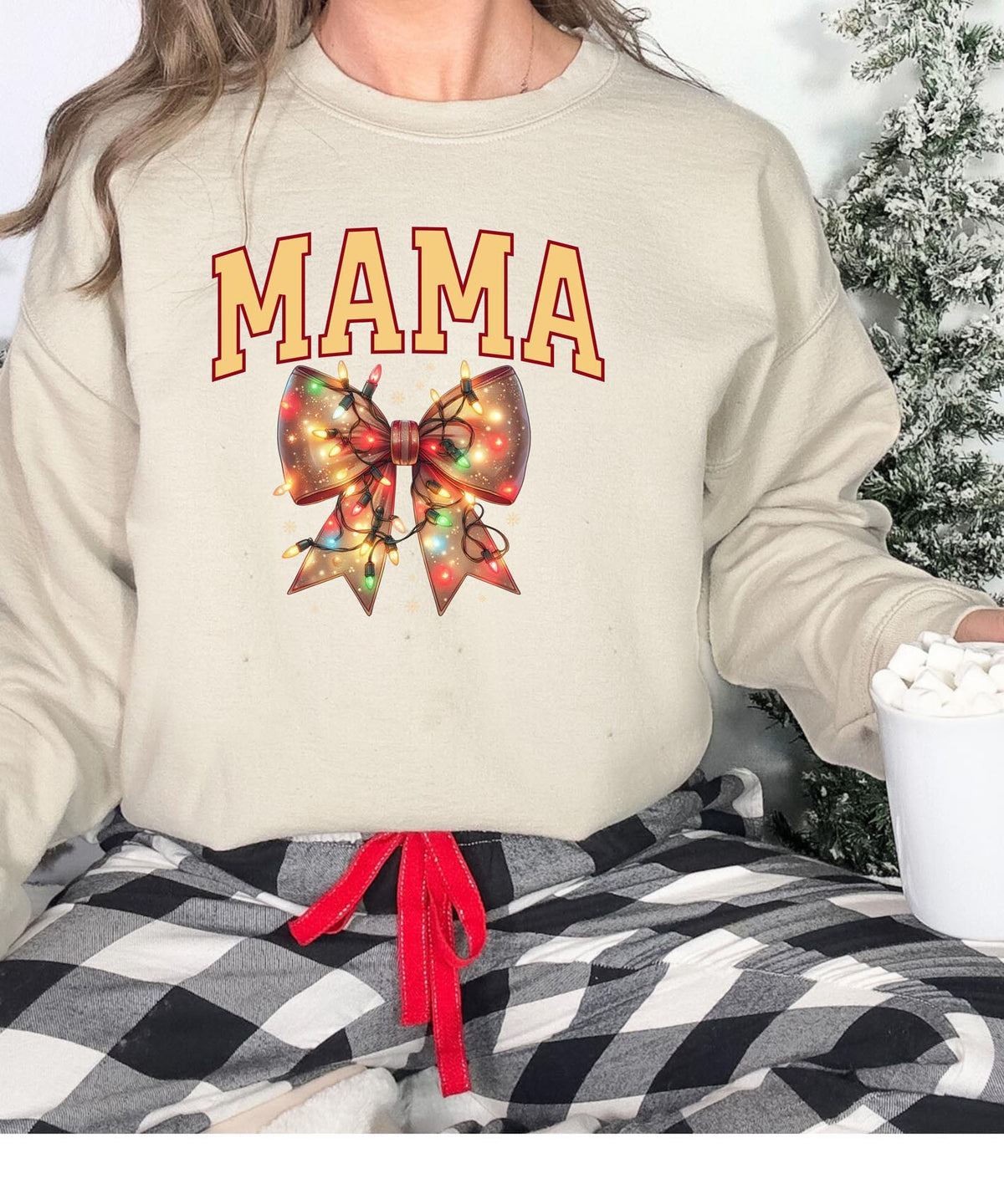 Mama Christmas Sweatshirt with Bow and Lights | Festive Holiday Crewneck | Cozy Seasonal Pullover