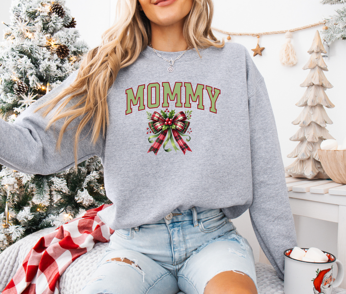 Mommy Christmas Sweatshirt with Bow | Cozy Holiday Crewneck | Festive Pullover for Moms