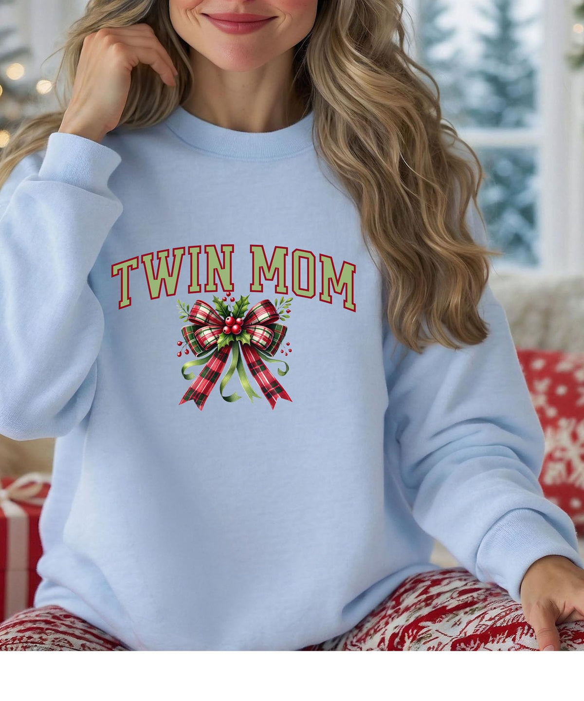 Twin Mom Christmas Sweatshirt with Bow | Festive Holiday Mom Crewneck | Cozy Matching Family Pullover
