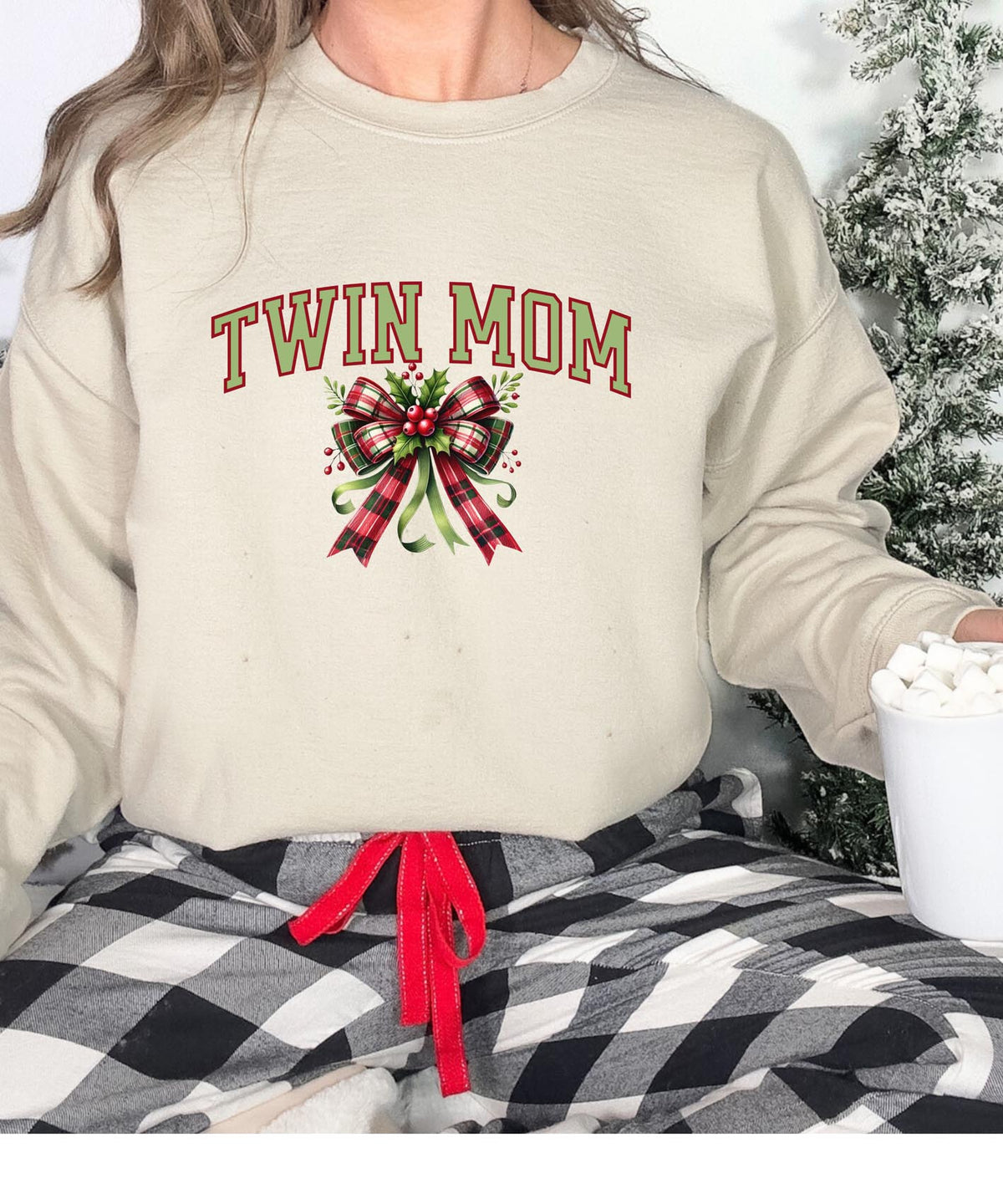 Twin Mom Christmas Sweatshirt with Bow | Festive Holiday Mom Crewneck | Cozy Matching Family Pullover