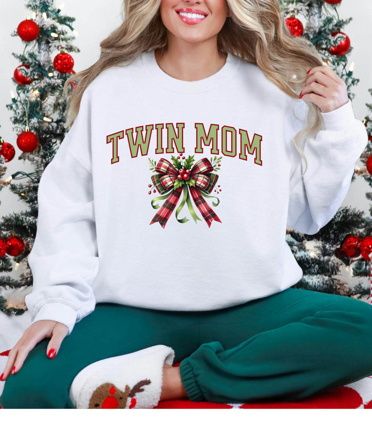 Twin Mom Christmas Sweatshirt with Bow | Festive Holiday Mom Crewneck | Cozy Matching Family Pullover