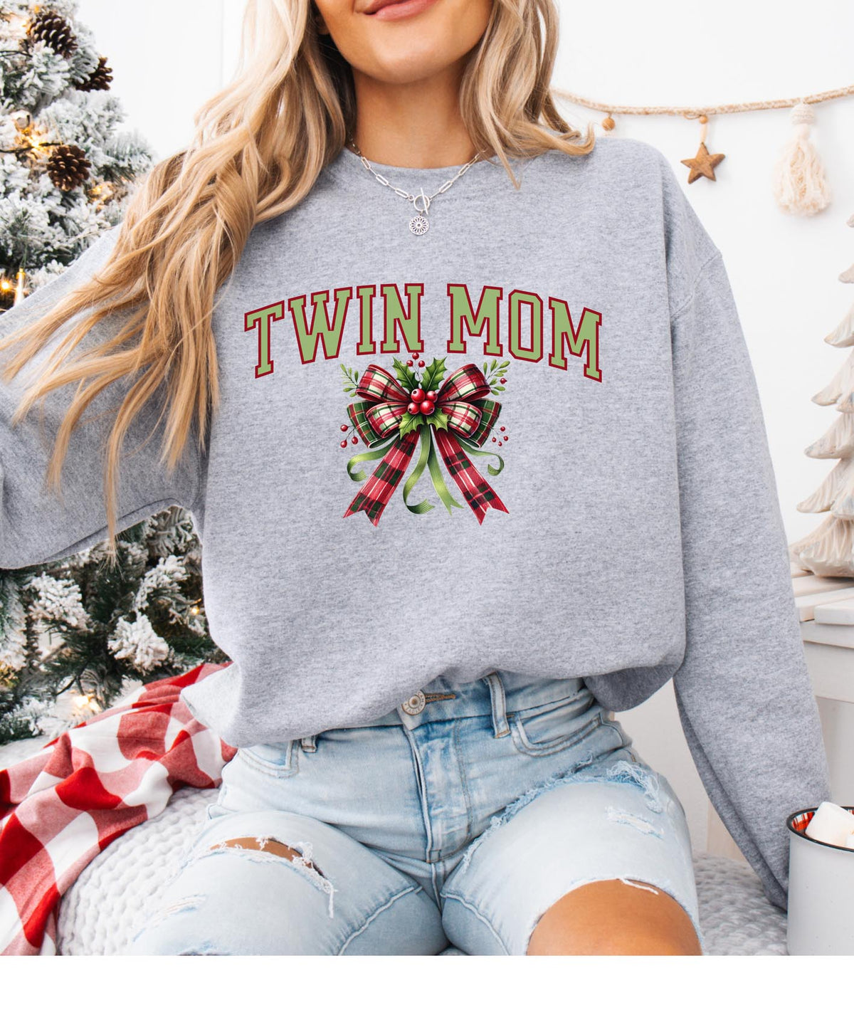 Twin Mom Christmas Sweatshirt with Bow | Festive Holiday Mom Crewneck | Cozy Matching Family Pullover