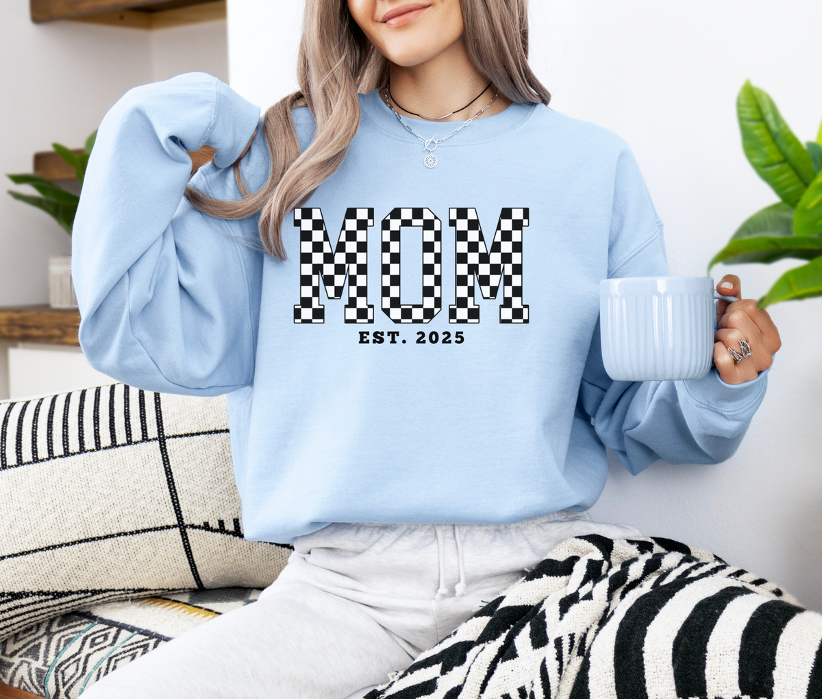 MOM EST. 2025 Black Checker Sweatshirt | Retro Pregnancy Announcement Sweater | Baby Reveal Gift | New Mom Established Crewneck