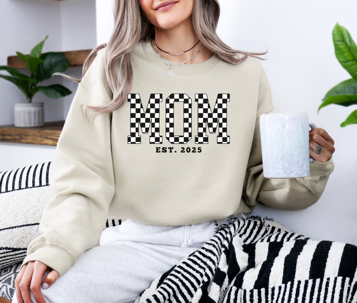 MOM EST. 2025 Black Checker Sweatshirt | Retro Pregnancy Announcement Sweater | Baby Reveal Gift | New Mom Established Crewneck