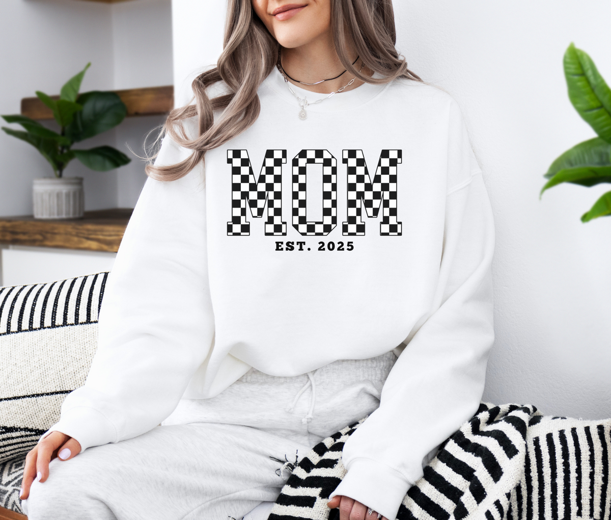MOM EST. 2025 Black Checker Sweatshirt | Retro Pregnancy Announcement Sweater | Baby Reveal Gift | New Mom Established Crewneck