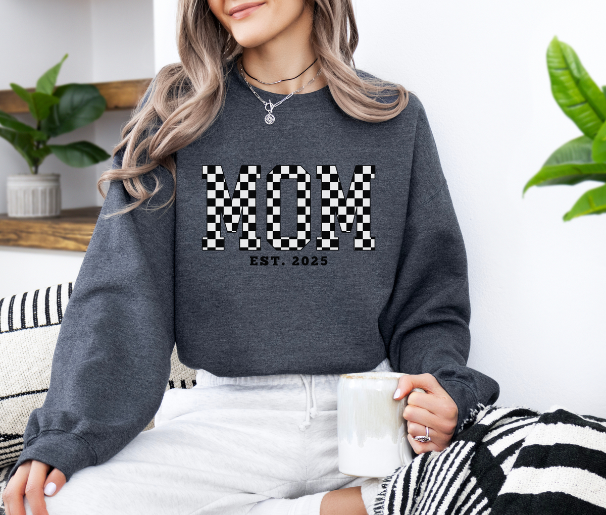MOM EST. 2025 Black Checker Sweatshirt | Retro Pregnancy Announcement Sweater | Baby Reveal Gift | New Mom Established Crewneck