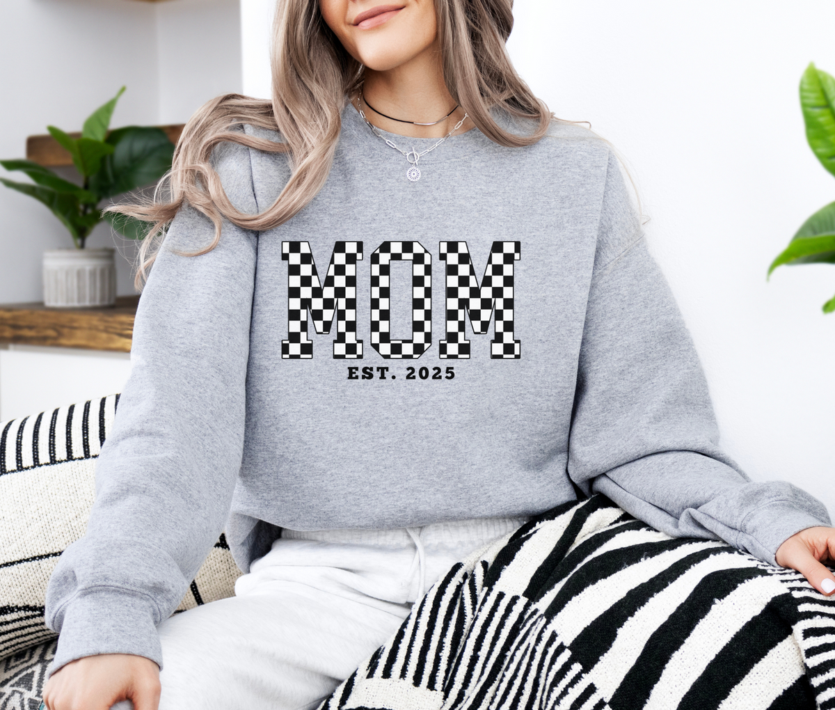 MOM EST. 2025 Black Checker Sweatshirt | Retro Pregnancy Announcement Sweater | Baby Reveal Gift | New Mom Established Crewneck