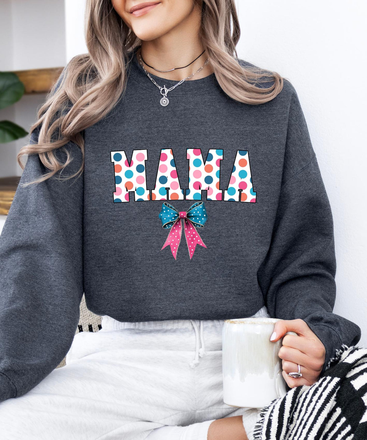 MAMA Polka Dots Sweatshirt with Bow | Cozy Mom Crewneck | Cute Motherhood Sweater Gift