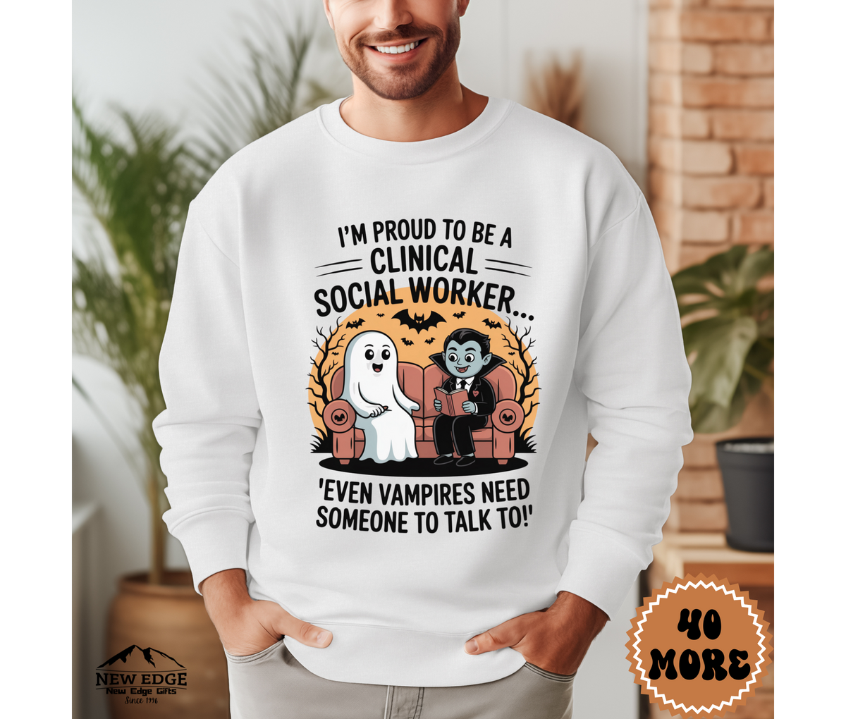 Unisex Halloween Clinical Social Worker Sweatshirt – “I’m Proud to be a Clinical Social Worker… Even Vampires Need Someone to Talk To!” Funny Profession Crewneck