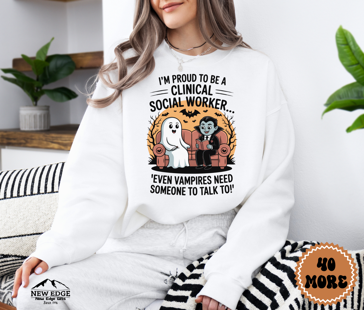Unisex Halloween Clinical Social Worker Sweatshirt – “I’m Proud to be a Clinical Social Worker… Even Vampires Need Someone to Talk To!” Funny Profession Crewneck