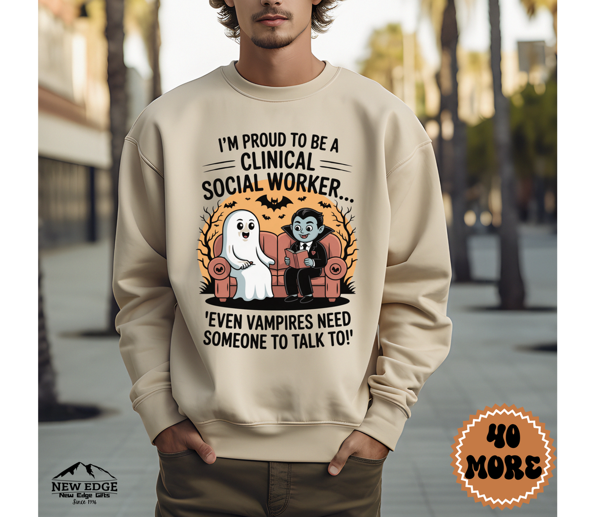 Unisex Halloween Clinical Social Worker Sweatshirt – “I’m Proud to be a Clinical Social Worker… Even Vampires Need Someone to Talk To!” Funny Profession Crewneck
