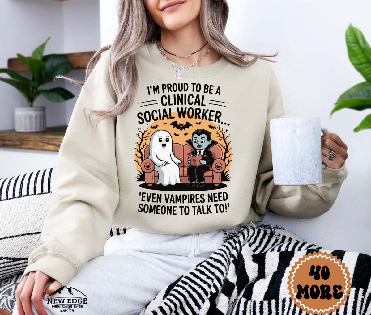 Unisex Halloween Clinical Social Worker Sweatshirt – “I’m Proud to be a Clinical Social Worker… Even Vampires Need Someone to Talk To!” Funny Profession Crewneck