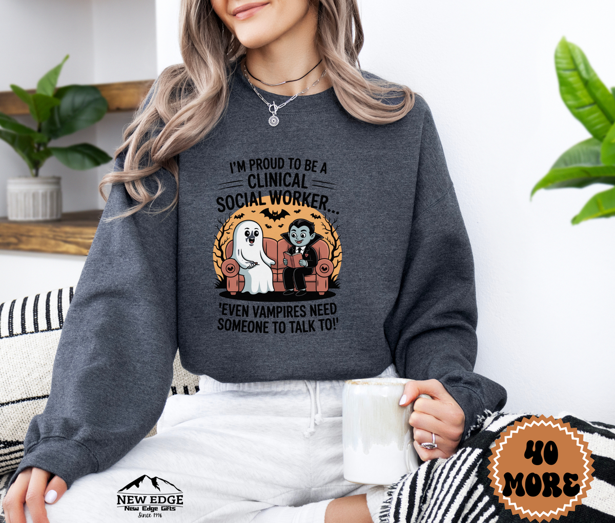 Unisex Halloween Clinical Social Worker Sweatshirt – “I’m Proud to be a Clinical Social Worker… Even Vampires Need Someone to Talk To!” Funny Profession Crewneck