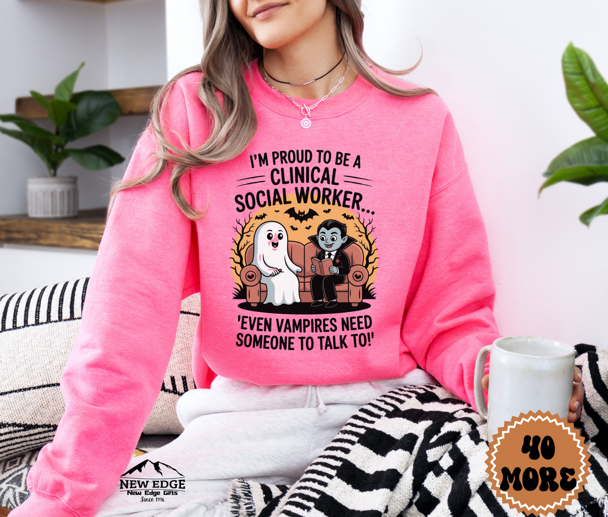 Unisex Halloween Clinical Social Worker Sweatshirt – “I’m Proud to be a Clinical Social Worker… Even Vampires Need Someone to Talk To!” Funny Profession Crewneck
