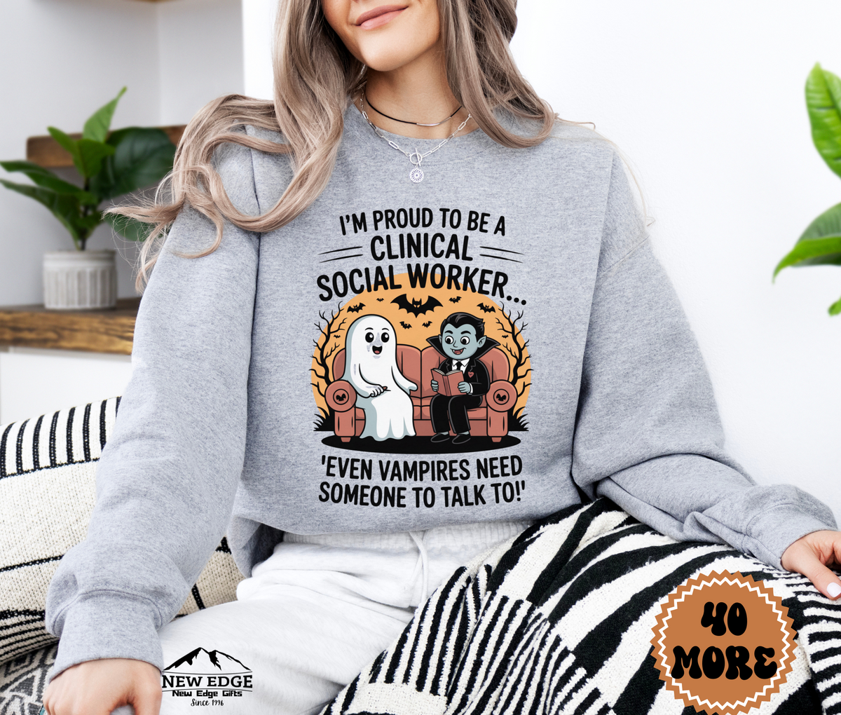 Unisex Halloween Clinical Social Worker Sweatshirt – “I’m Proud to be a Clinical Social Worker… Even Vampires Need Someone to Talk To!” Funny Profession Crewneck