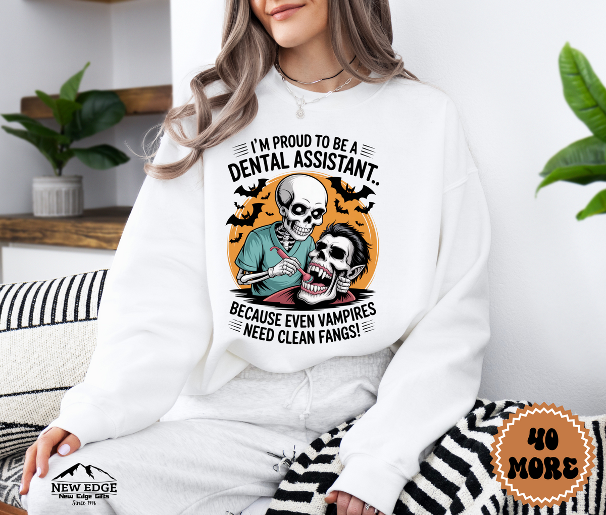 Unisex Halloween Dental Assistant Sweatshirt – “I’m Proud to be a Dental Assistant… Because Even Vampires Need Clean Fangs” Funny Profession Crewneck