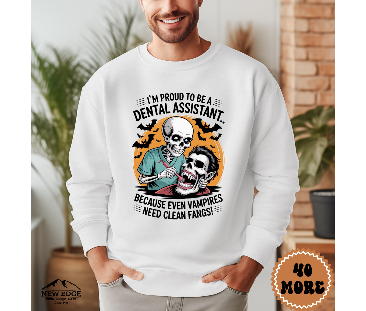 Unisex Halloween Dental Assistant Sweatshirt – “I’m Proud to be a Dental Assistant… Because Even Vampires Need Clean Fangs” Funny Profession Crewneck