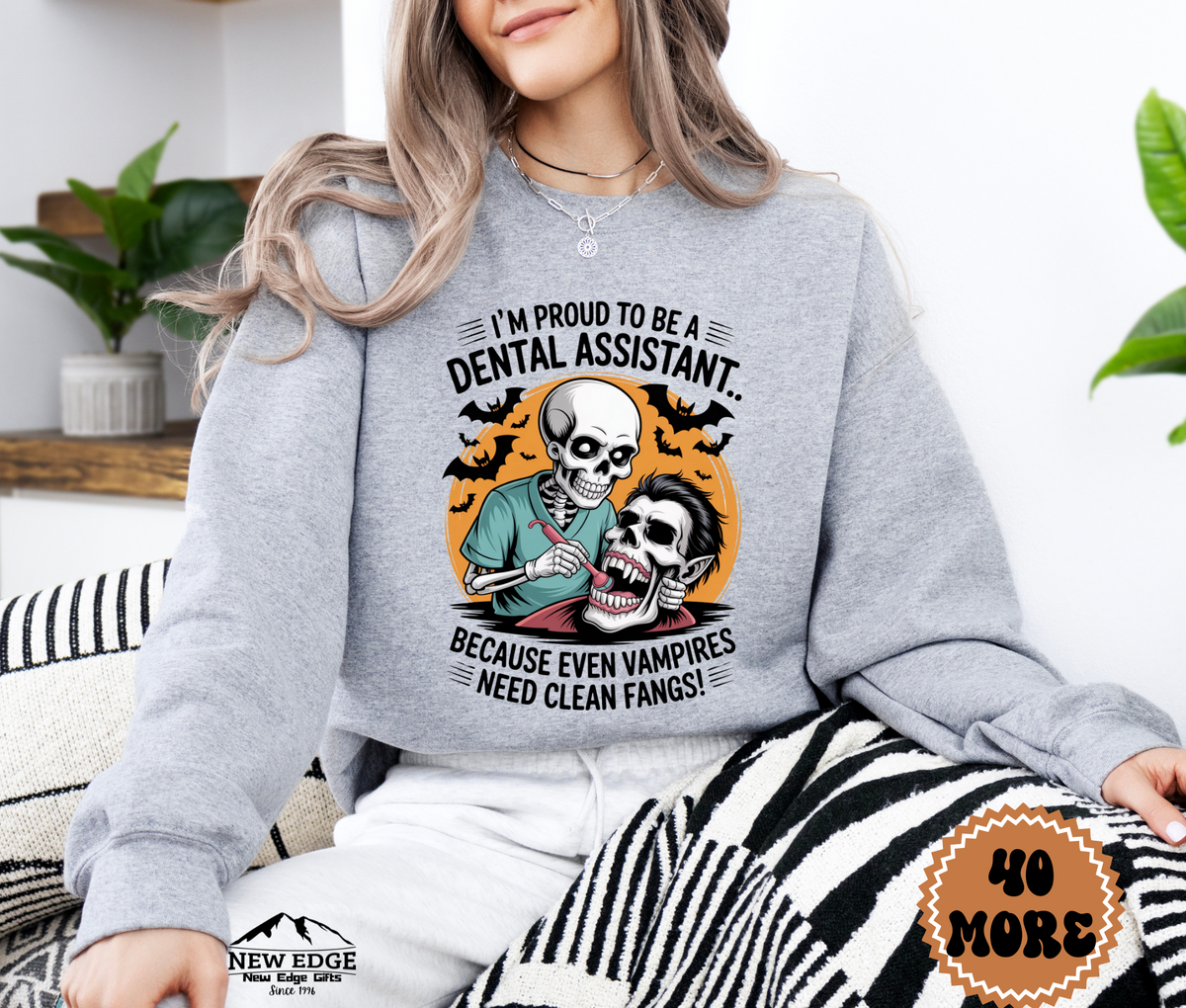 Unisex Halloween Dental Assistant Sweatshirt – “I’m Proud to be a Dental Assistant… Because Even Vampires Need Clean Fangs” Funny Profession Crewneck