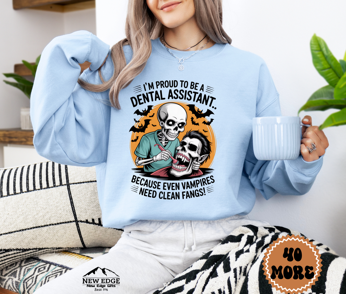 Unisex Halloween Dental Assistant Sweatshirt – “I’m Proud to be a Dental Assistant… Because Even Vampires Need Clean Fangs” Funny Profession Crewneck