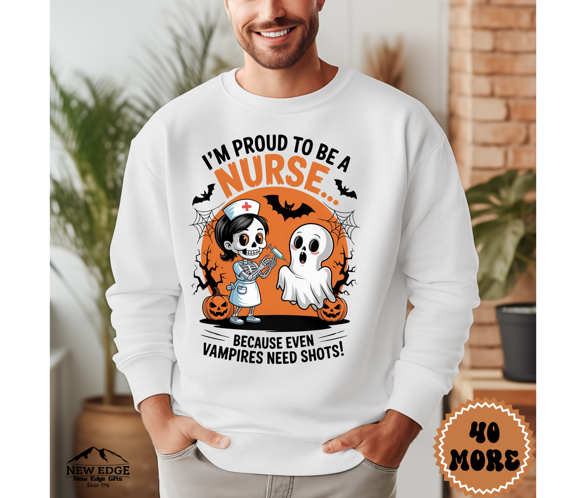 Unisex Halloween Nurse Sweatshirt – “I’m Proud to be a Nurse… Because Even Vampires Need Shots!” Funny Profession Crewneck