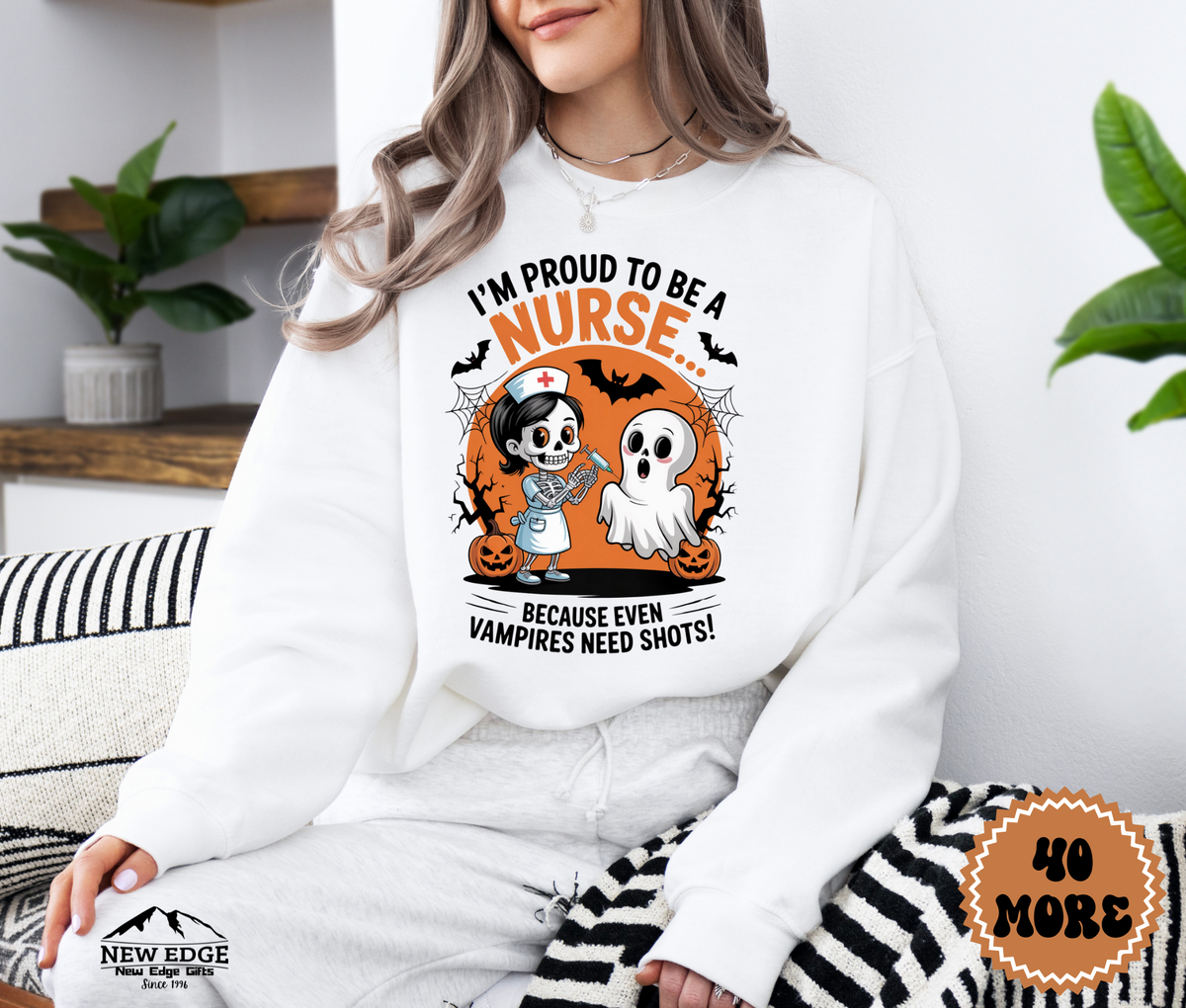 Unisex Halloween Nurse Sweatshirt – “I’m Proud to be a Nurse… Because Even Vampires Need Shots!” Funny Profession Crewneck