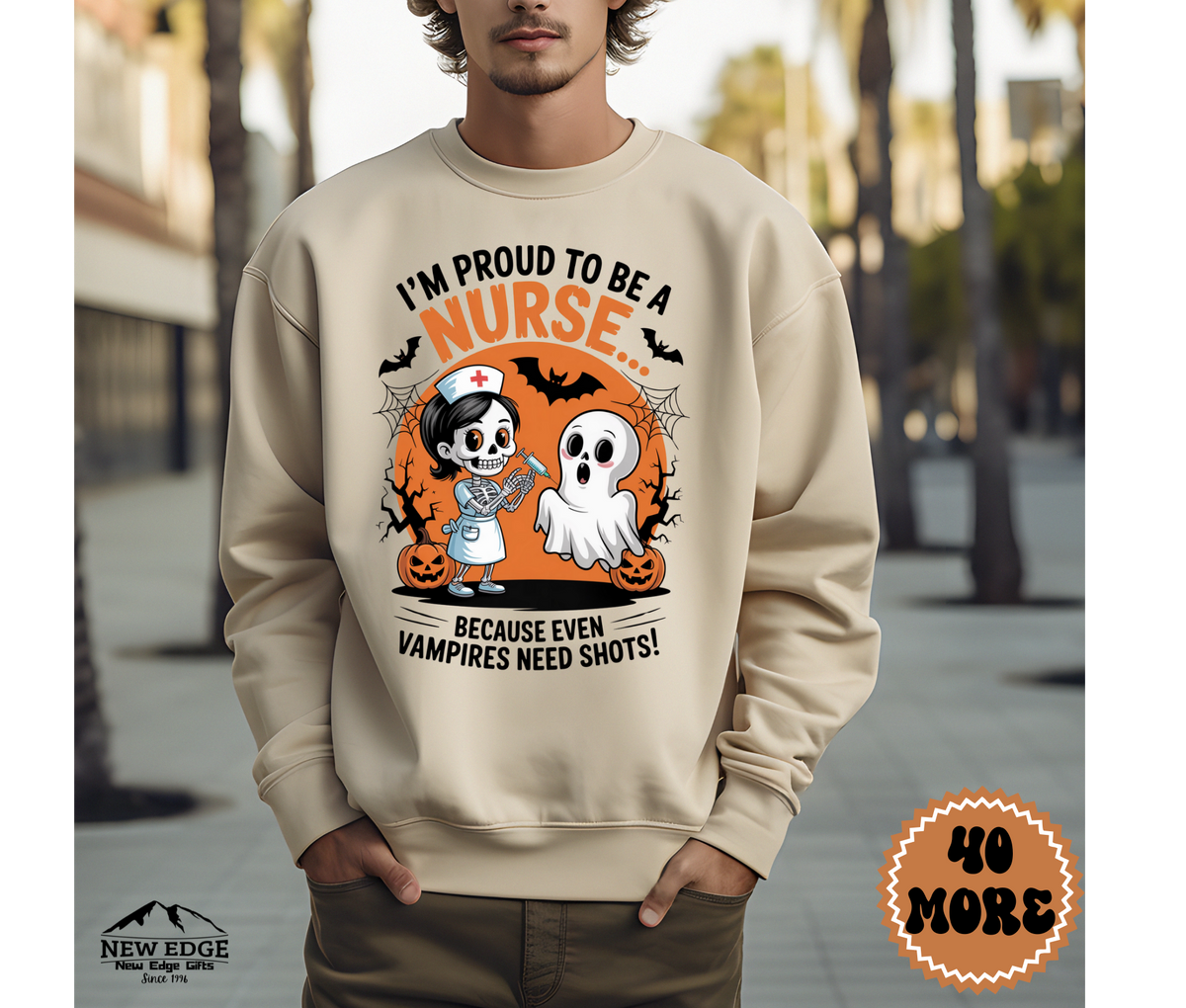 Unisex Halloween Nurse Sweatshirt – “I’m Proud to be a Nurse… Because Even Vampires Need Shots!” Funny Profession Crewneck