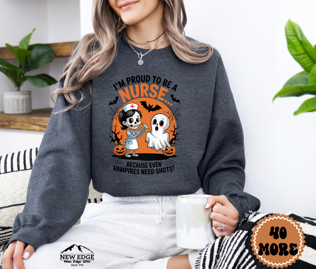 Unisex Halloween Nurse Sweatshirt – “I’m Proud to be a Nurse… Because Even Vampires Need Shots!” Funny Profession Crewneck