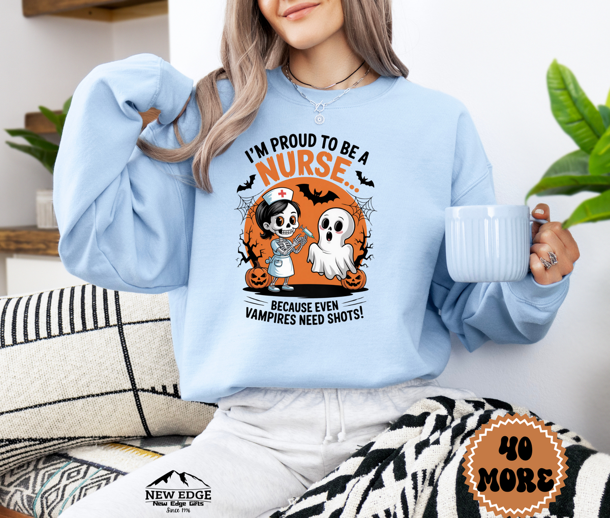 Unisex Halloween Nurse Sweatshirt – “I’m Proud to be a Nurse… Because Even Vampires Need Shots!” Funny Profession Crewneck