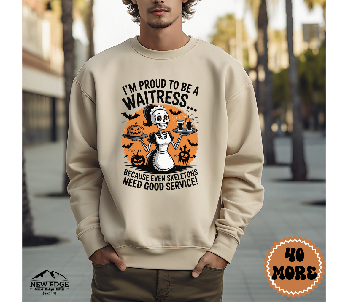 Proud to Be a Waitress Halloween Sweatshirt – “Because Even Skeletons Need Good Service!” | Unisex Funny Spooky Server Crewneck
